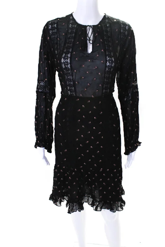 ladies-trumpet-dress-pearl-embellishment-Ulla Johnson Womens Floral Print V-Neck Ruffled Fit & Flare Dress Black