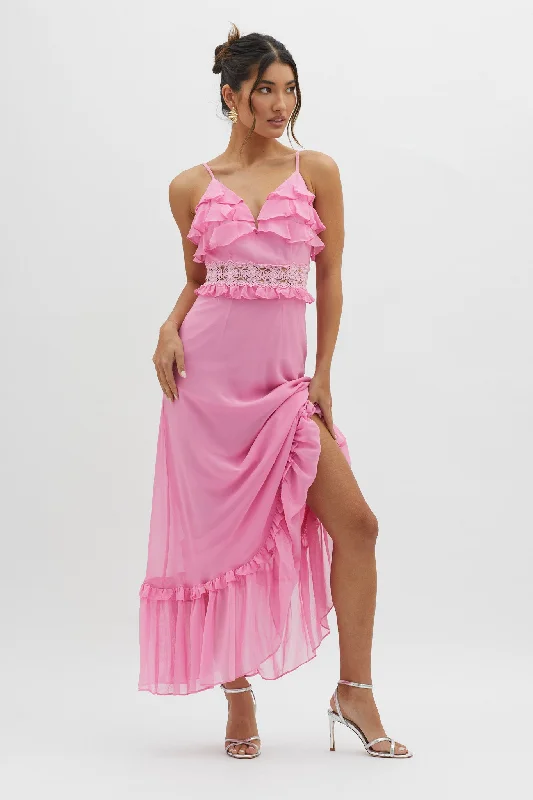 ladies-maxi-dress-eco-friendly-Spirited Ruffle Bust Maxi Dress Pink