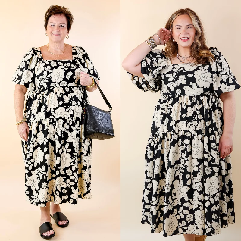 ladies-floral-dress-soft-fabric-Floral Fascination Tiered Midi Dress in Black and White