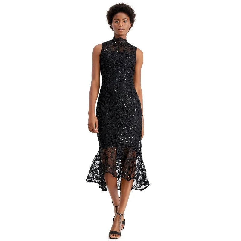 ladies-floral-dress-fitted-bodice-Calvin Klein Womens Floral Lace High-Low Mermaid Sheath Dress, Black, 14