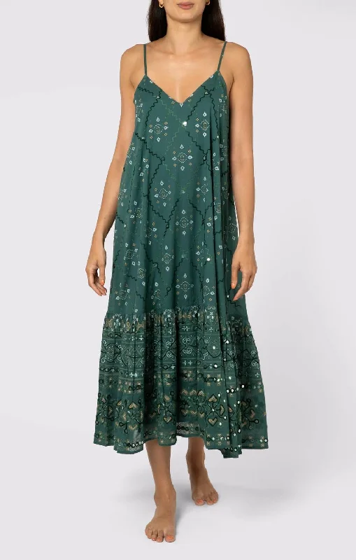 ladies-midi-dress-dainty-detail-Mosaic Print V Neck Midi Dress in Bottle Green