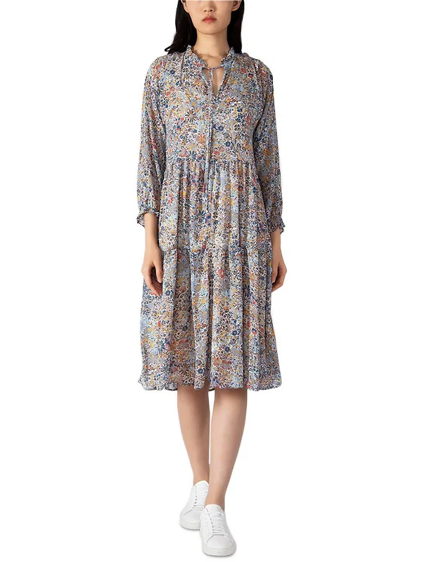 ladies-midi-dress-office-chic-Womens Chiffon Floral Midi Dress