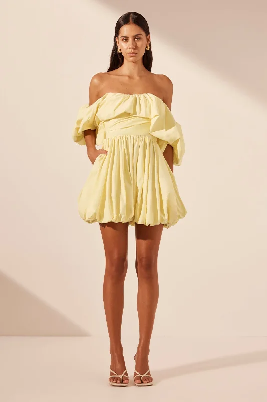 ladies-mini-dress-statement-piece-MAIORI OFF SHOULDER DRAPED BUBBLE MINI DRESS - LEMON