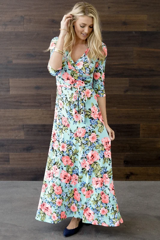 ladies-floral-dress-aqua-flowers-Aqua Neon Floral Draped 3/4 Sleeve Maxi Dress