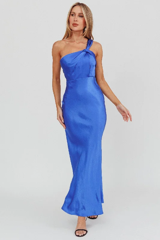 ladies-maxi-dress-shimmer-finish-Fly Love Satin One Shoulder Maxi Dress Navy