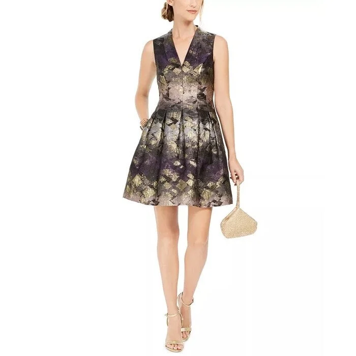 ladies-trumpet-dress-cocktail-party-Vince Camuto Women's Metallic Jacquard Fit & Flare Dress Charcoal Size 16