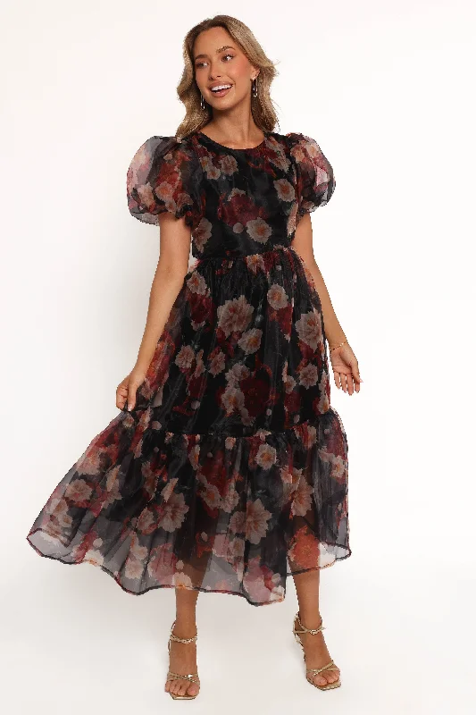 ladies-midi-dress-flared-skirt-Elspeth Midi Dress - Black Floral