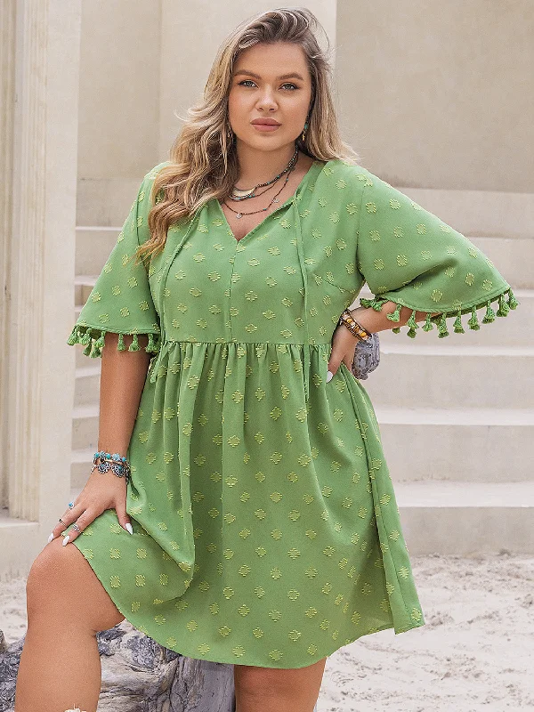 ladies-mini-dress-neon-accent-Plus Size Tied Tassel Half Sleeve Mini Dress