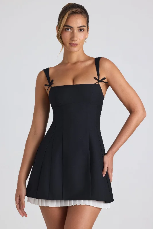 ladies-mini-dress-velvet-texture-Bow-Detail Pleated A-Line Mini Dress in Black