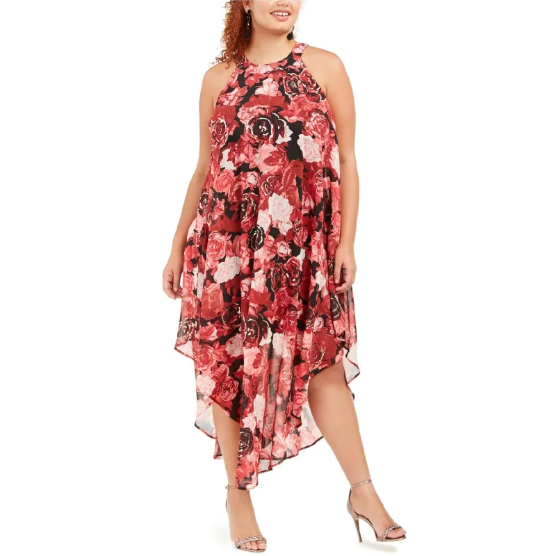 ladies-floral-dress-mini-length-Love Squared Womens Floral Midi Dress, Red, 3X