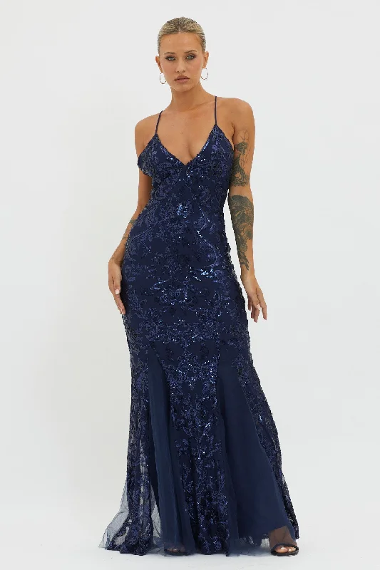 ladies-maxi-dress-runway-inspired-Serenade Song Godet Hem Sequin Maxi Dress Navy