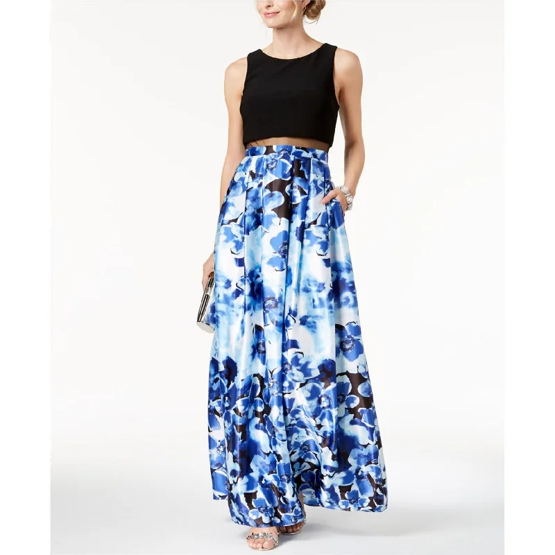 ladies-floral-dress-effortless-style-Betsy & Adam Womens Solid & Floral Gown Dress, Blue, 4