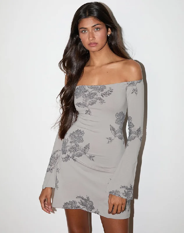 ladies-mini-dress-influencer-pick-Kausar Off Shoulder Mini Dress in Lace Flower Grey