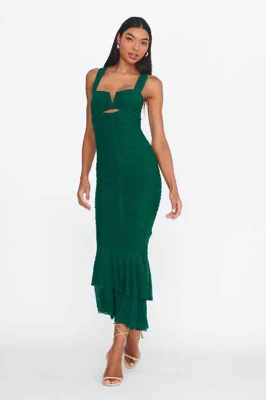 ladies-maxi-dress-satin-finish-Nadia Ruched Fishtail Maxi Dress Green