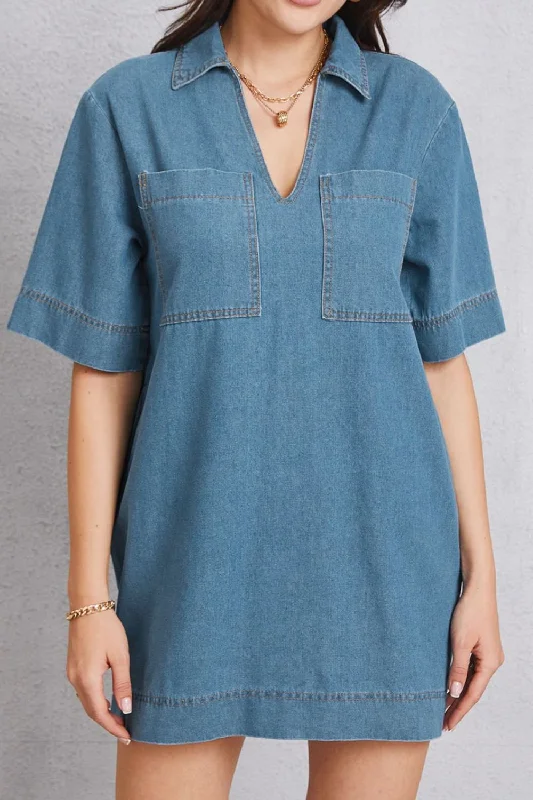 ladies-mini-dress-lace-detail-Pocketed Collared Neck Mini Denim Dress