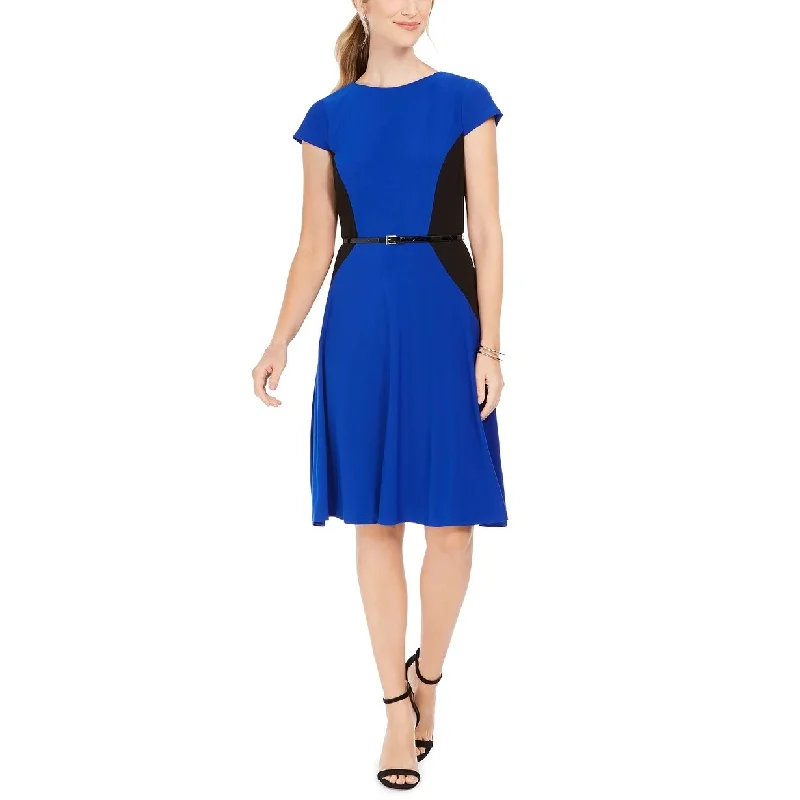 ladies-trumpet-dress-side-zipper-Jessica Howard Women's Belted Colorblocked Fit & Flare Dress Bright Blue Size 10