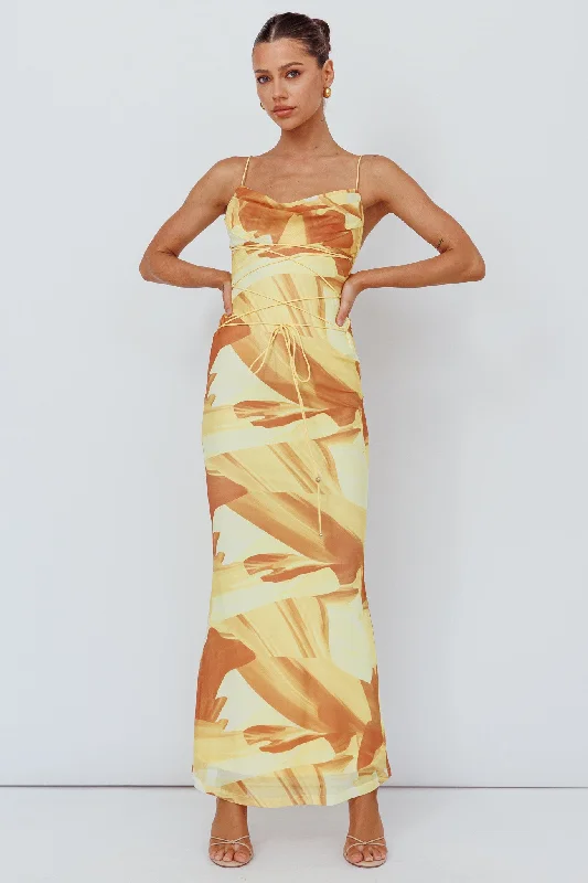 ladies-maxi-dress-sleeveless-Teava Laced Waist Maxi Dress Abstract Yellow