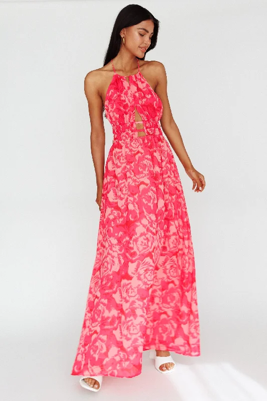 ladies-maxi-dress-denim-look-Cyndi Open Back Halterneck Maxi Dress Floral Pink