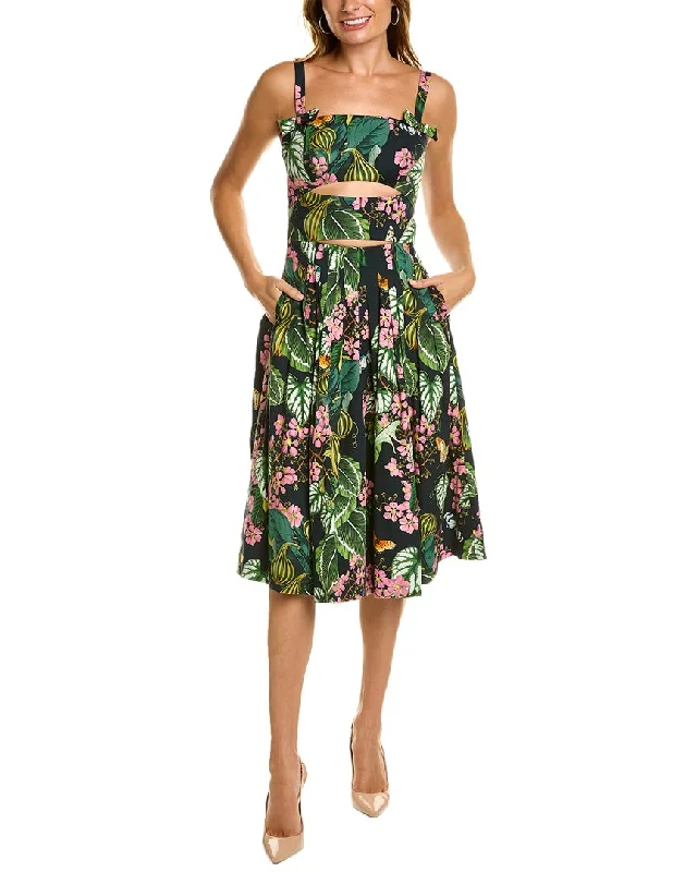 ladies-midi-dress-red-party-Oscar de la Renta Cutout Mixed Botanical Midi Dress