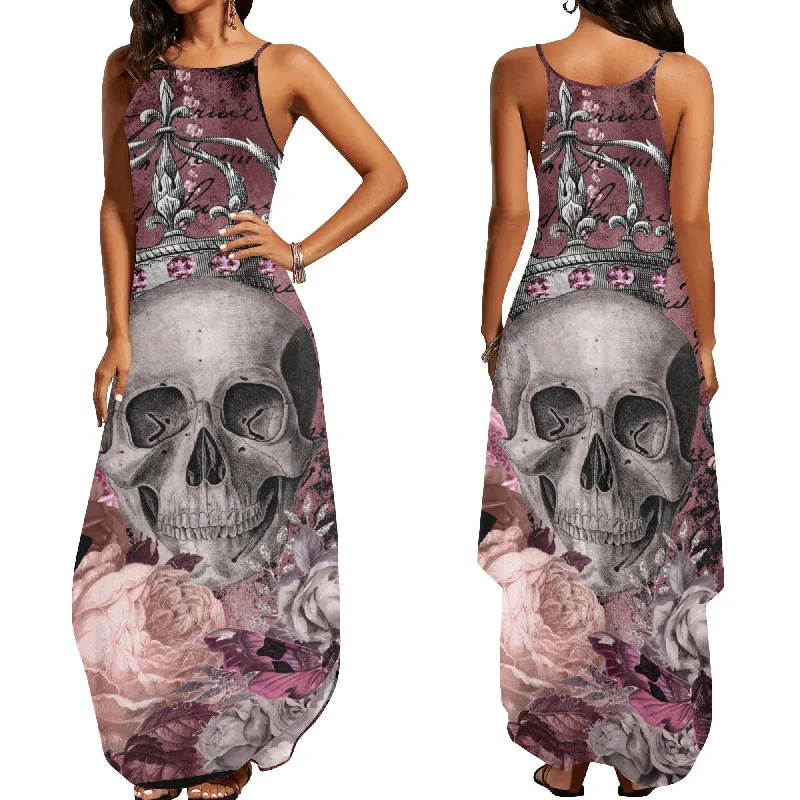 ladies-floral-dress-tall-fit-Women's Elegant Sleeveless Purple Skull Crown Floral Dress