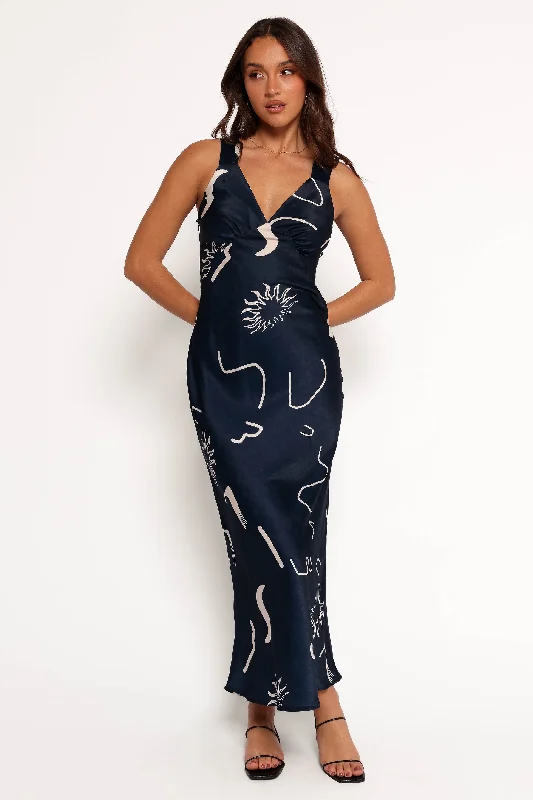 ladies-midi-dress-black-elegant-Ashlyn Midi Dress - Navy Print