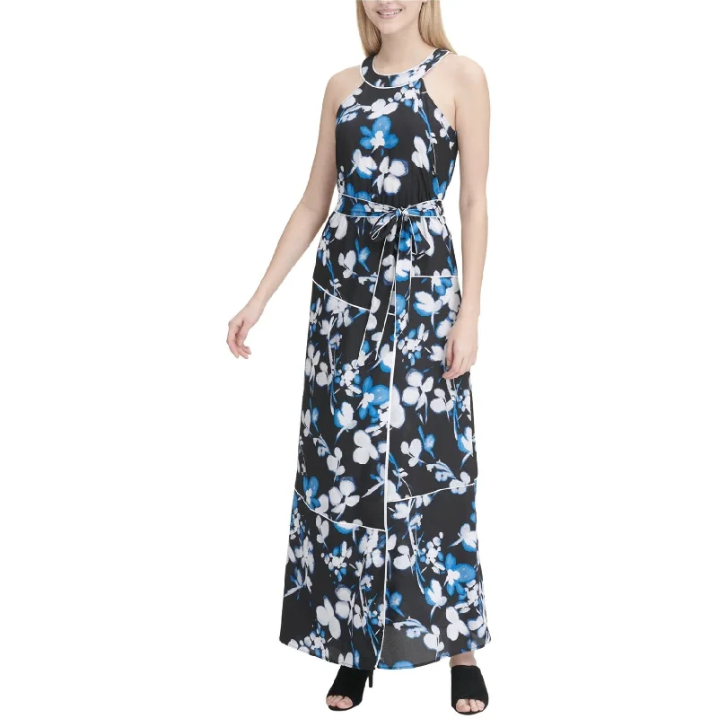 ladies-floral-dress-high-waist-Calvin Klein Womens Floral Maxi Dress, Black, Large