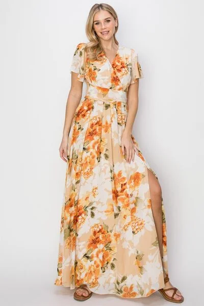 ladies-floral-dress-belted-waist-HYFVE Floral Tie Back Short Sleeve Slit Maxi Dress