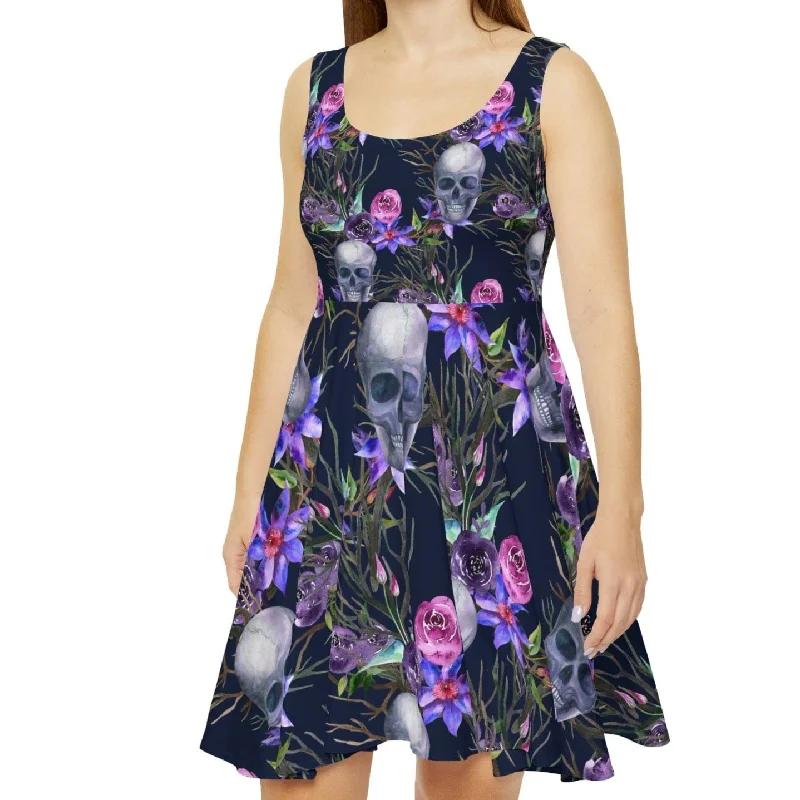 ladies-floral-dress-curvy-style-Women's Purple Skull Floral Print Skater Dress