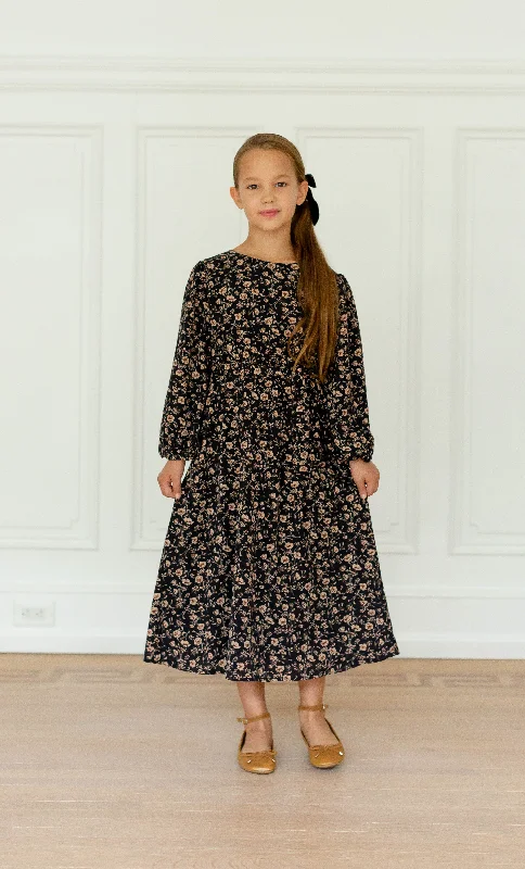 ladies-floral-dress-midi-length-'Ramona' Girl Long Sleeve Floral Dress in Dark Navy