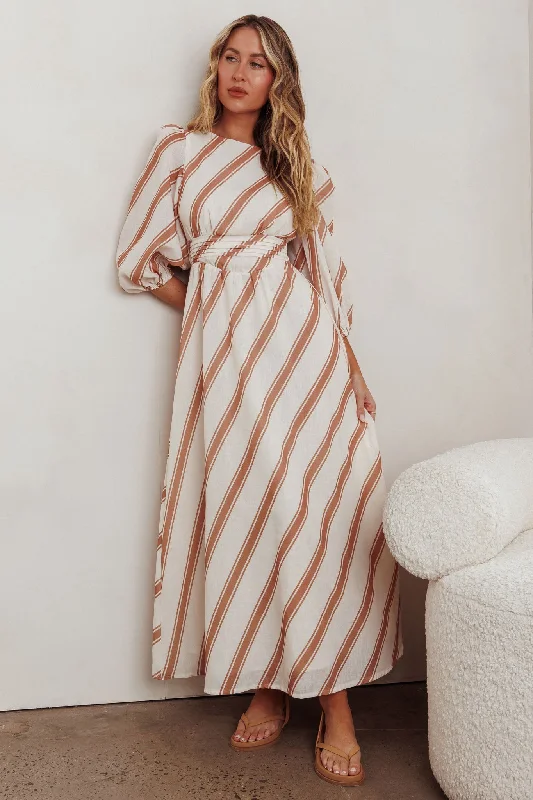 ladies-maxi-dress-knit-texture-Transcendent Puff Sleeves Striped Maxi Dress Tan