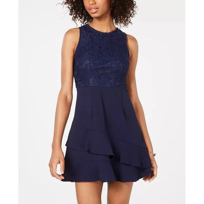 ladies-trumpet-dress-striped-pattern-Speechless Juniors' Lace-Trim Ruffled Fit & Flare Dress Navy Size M - Medium