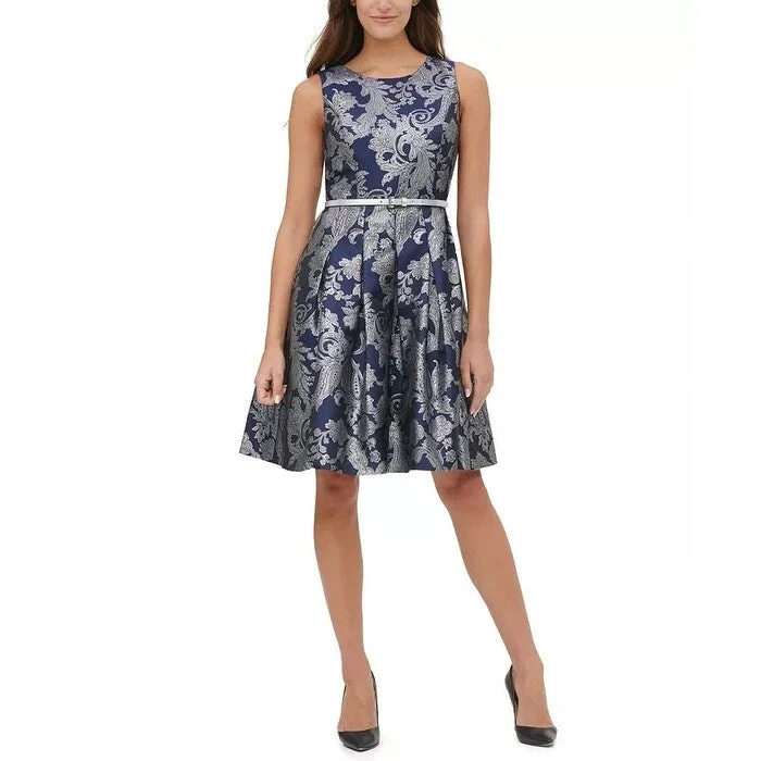 ladies-trumpet-dress-special-occasion-Tommy Hilfiger Women's Jacquard Fit & Flare Dress Blue Size 6