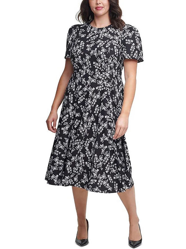 ladies-trumpet-dress-solid-color-Plus Womens Floral Print Mid Calf Fit & Flare Dress