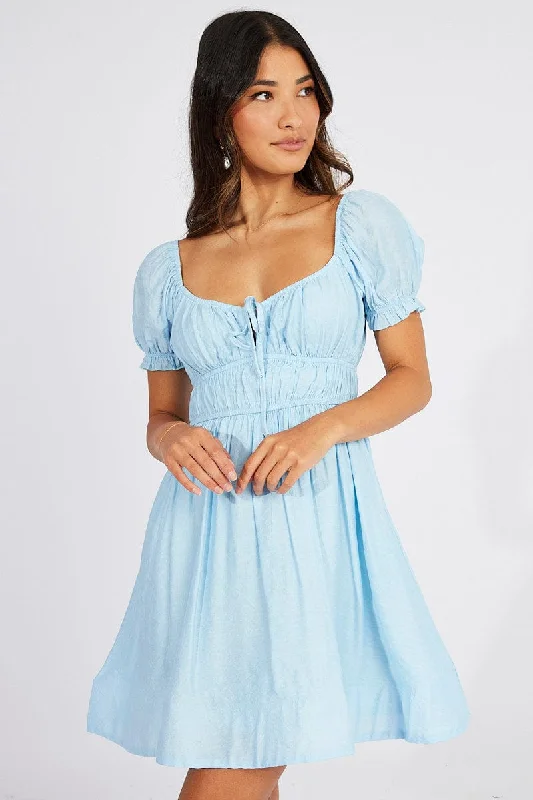 ladies-trumpet-dress-lace-detail-Blue Fit and Flare Dress Short Sleeve Ruched