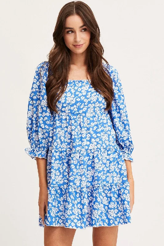 ladies-trumpet-dress-summer-style-Ditsy Print Fit And Flare Dress Long Sleeve Square Neck