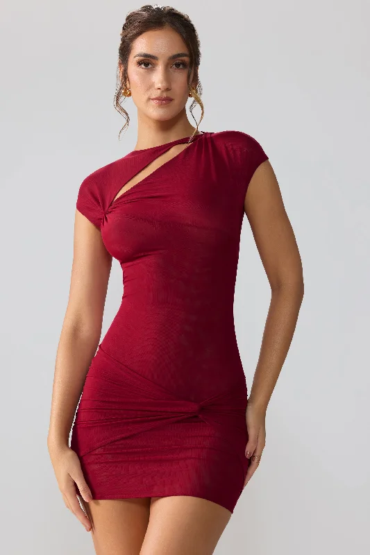 ladies-mini-dress-winter-layering-Mesh Cap Sleeve Cut Out Mini Dress in Ruby