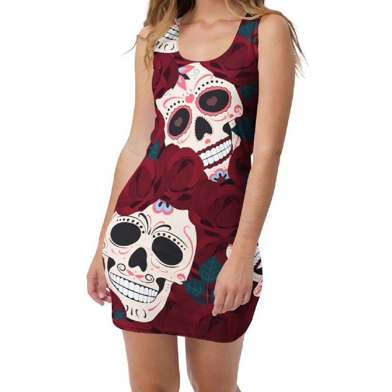 ladies-floral-dress-flattering-cut-Women's Red Skull Floral Dress