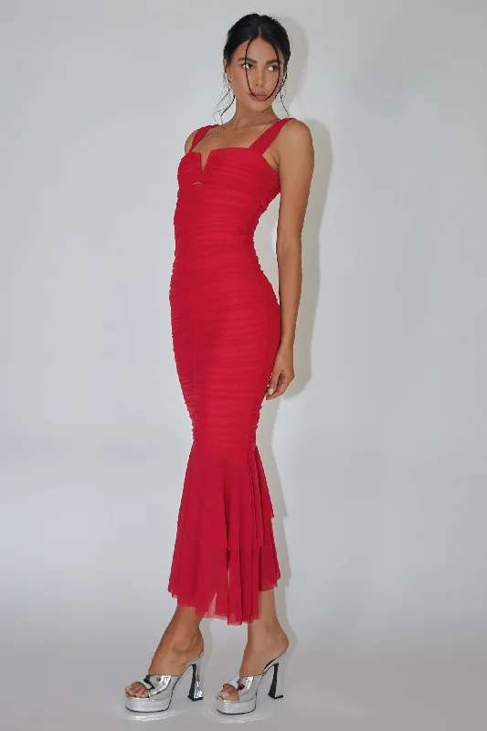 ladies-maxi-dress-dainty-detail-Nadia Ruched Fishtail Maxi Dress Red