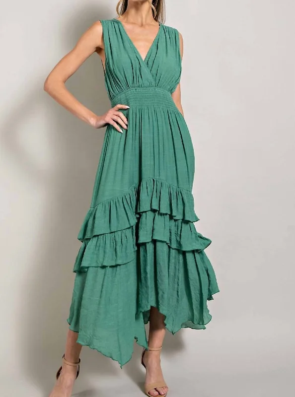 ladies-maxi-dress-open-back-Smocked Ruffle Maxi Dress In Sage