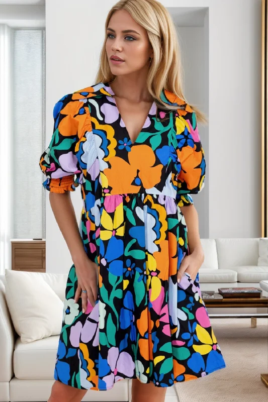 ladies-mini-dress-trendy-fit-Printed Johnny Collar Half Sleeve Mini Dress