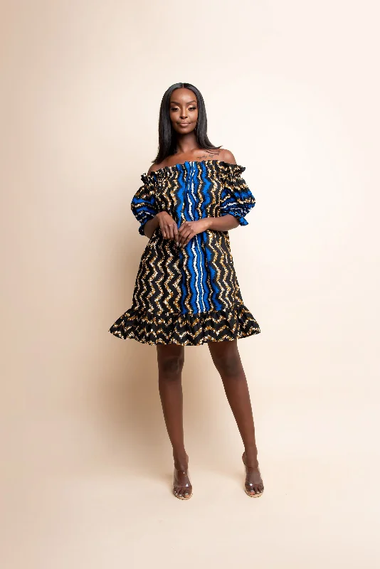 ladies-mini-dress-petite-length-PELUMI African print Off shoulder mini dress