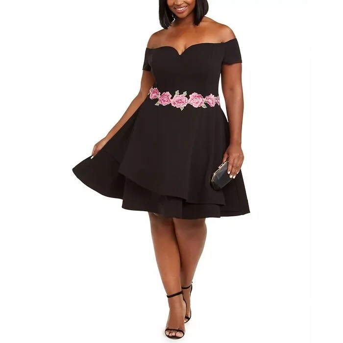 ladies-trumpet-dress-chiffon-fabric-B Darlin Women's Trendy Off The Shoulder Fit & Flare Dress Black Size 18 - 18 Plus