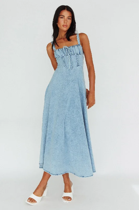 ladies-maxi-dress-ash-gray-Sweet Pea Tied Bust Maxi Dress Denim Blue