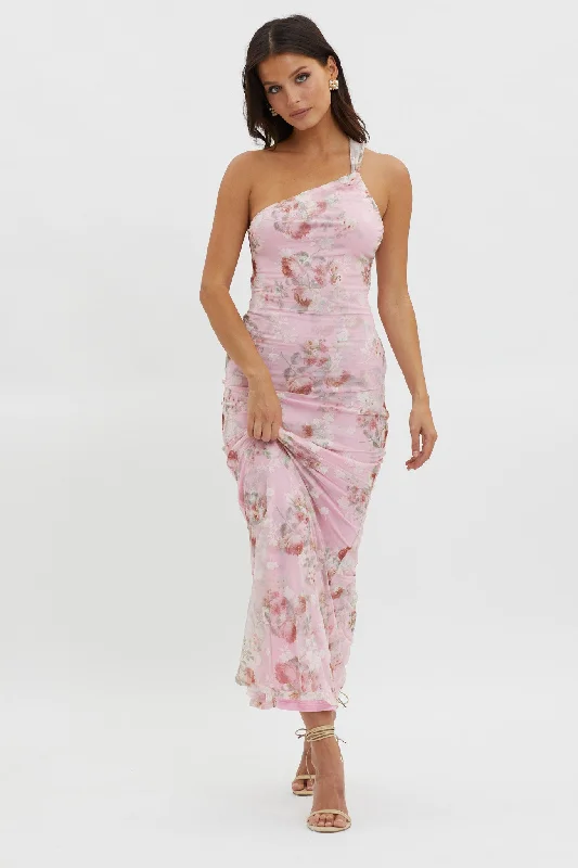 ladies-maxi-dress-smocked-waist-Tatum One-Shoulder Mesh Maxi Dress Pink