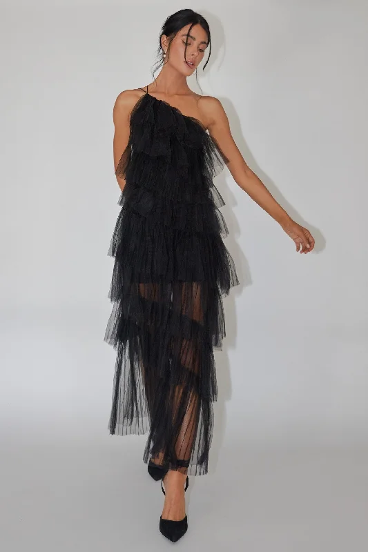 ladies-maxi-dress-amber-gold-Arrabel Tiered Ruffle Tulle Maxi Dress Black