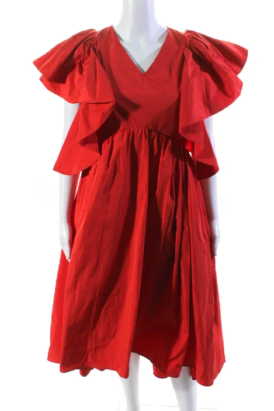 ladies-trumpet-dress-dark-tone-Adeam Women's Ruffle Flutter Sleeves Fit Flare Midi Matsuri Dress Red