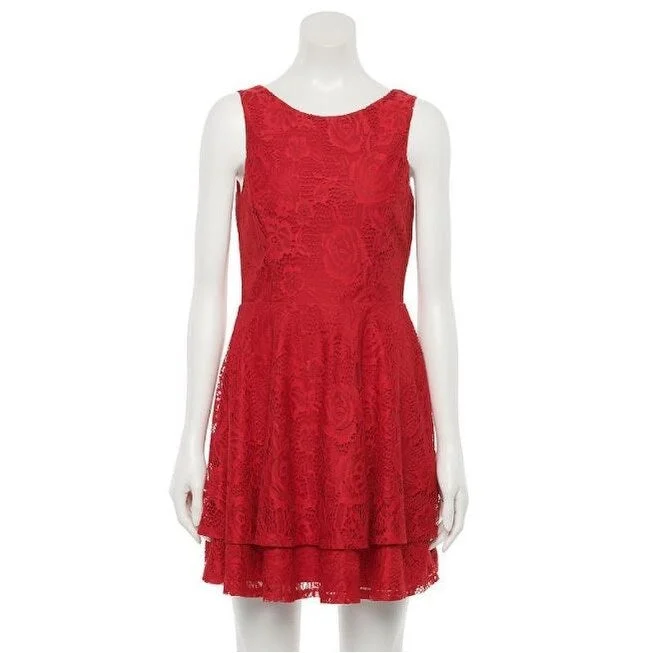 ladies-trumpet-dress-black-elegant-Speechless Women's All Lace Tiered Hem Fit & Flare Dress Red Size 3