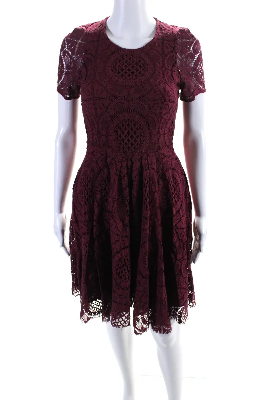 ladies-trumpet-dress-trendy-design-Burberry London Womens Red Lace Crew Neck Short Sleeve Fit & Flare Dress