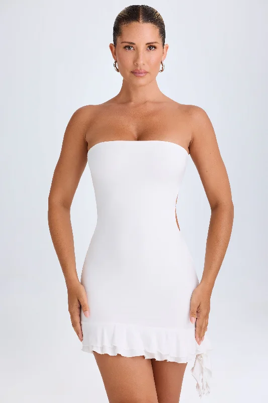 ladies-mini-dress-cowl-neck-Ruffle-Trim Cut-Out Bandeau Mini Dress in White