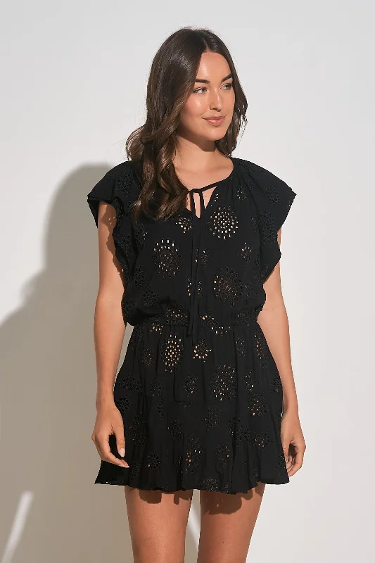 ladies-mini-dress-preppy-style-Short Sleeve Eyelet Mini Coverup Dress - Black